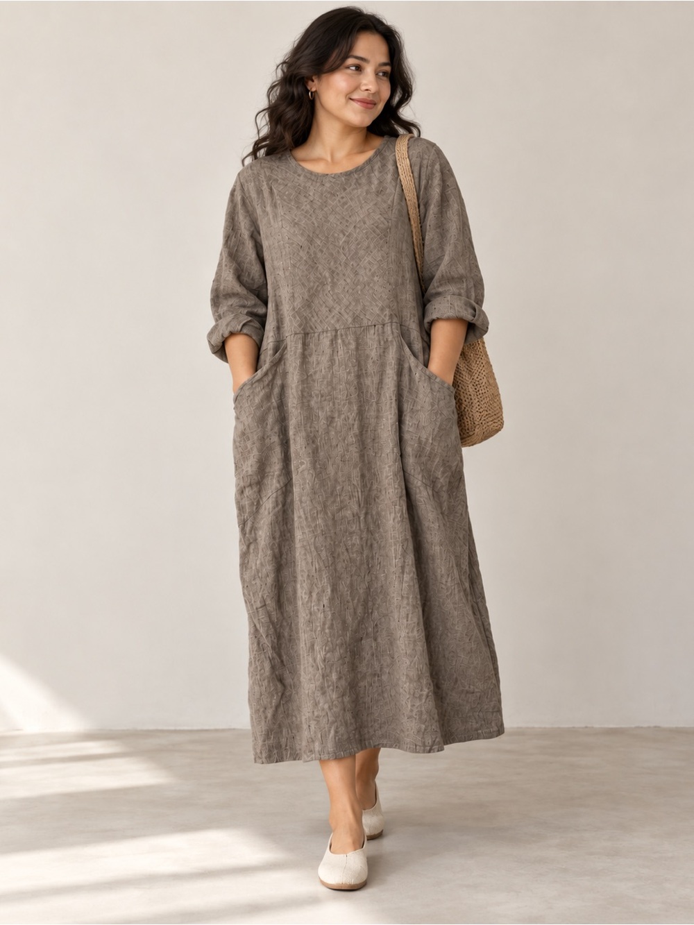 FLAX by 100% Linen Maxi Long Sleeve Large Taupe Brown Pocket Dress Lagenlook